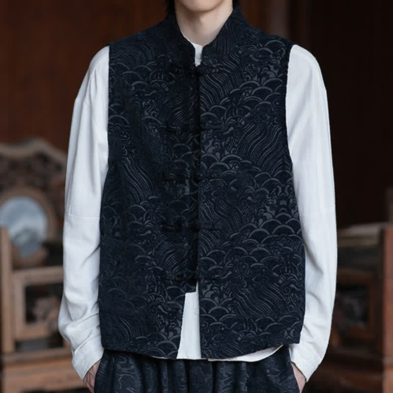 Buddha Stones Chemises sans manches pour hommes, style automne Tang, col mandarin vintage, boutons brandebourg, jacquard abstrait - image 1