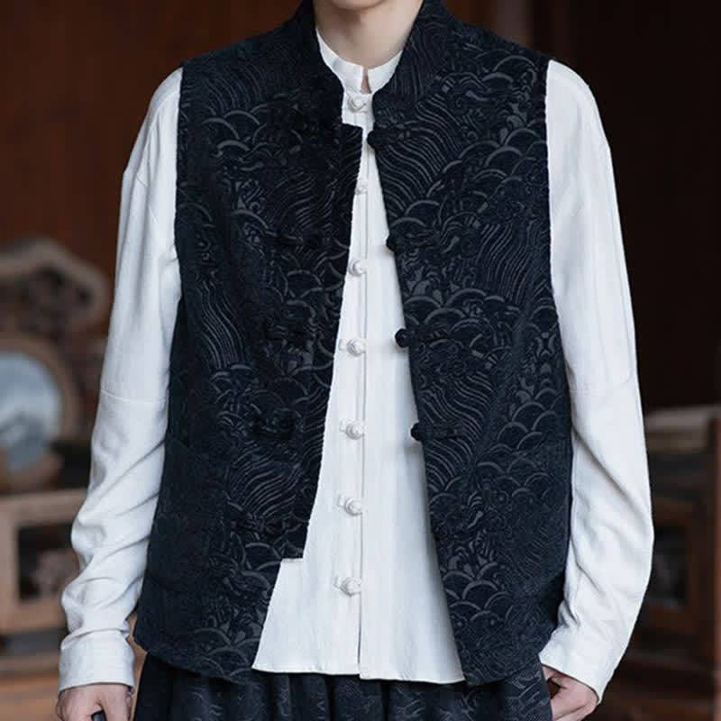 Buddha Stones Chemises sans manches pour hommes, style automne Tang, col mandarin vintage, boutons brandebourg, jacquard abstrait - Noir - US/UK/AU46，EU56 (5XL) - image 0