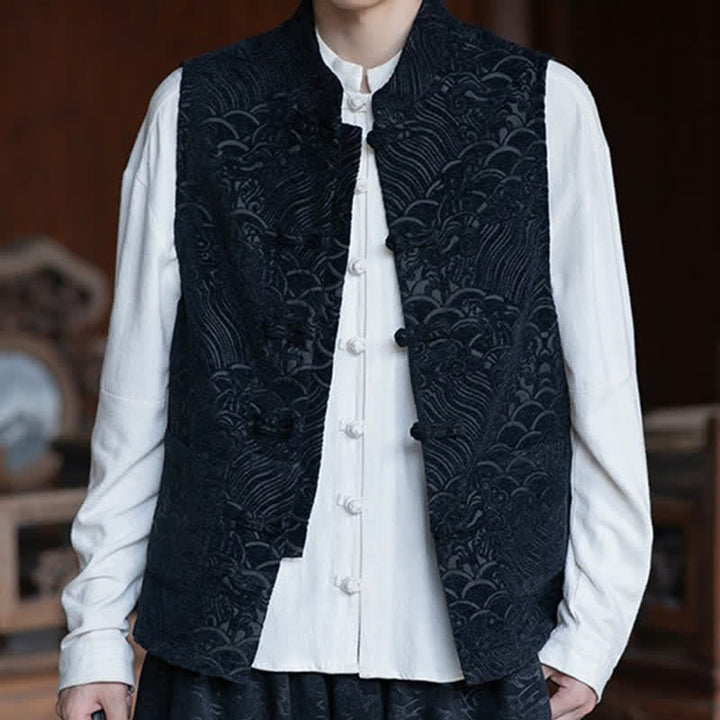 Buddha Stones Chemises sans manches pour hommes, style automne Tang, col mandarin vintage, boutons brandebourg, jacquard abstrait - Noir - US/UK/AU46，EU56 (5XL) - image 0
