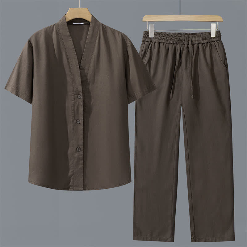 Buddha Stones Ensemble 2 pièces printemps-été décontracté minimaliste : chemise boutonnée, pantalon à cordon de serrage, tissu uni pour homme avec poches, idéal pour la méditation. - Chemise marron + pantalon marron - US/UK/AU42，EU52 (3XL) - image 1