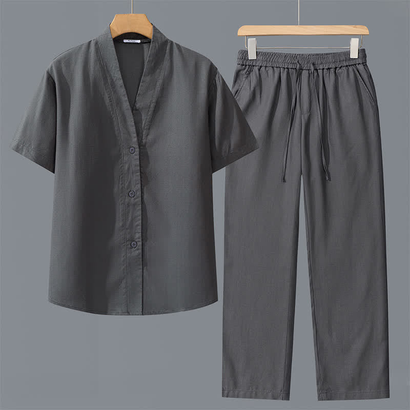 Buddha Stones Ensemble 2 pièces printemps-été décontracté minimaliste : chemise boutonnée, pantalon à cordon de serrage, tissu uni pour homme avec poches, idéal pour la méditation. - Chemise gris foncé + pantalon gris foncé - US/UK/AU42，EU52 (3XL) - image 0