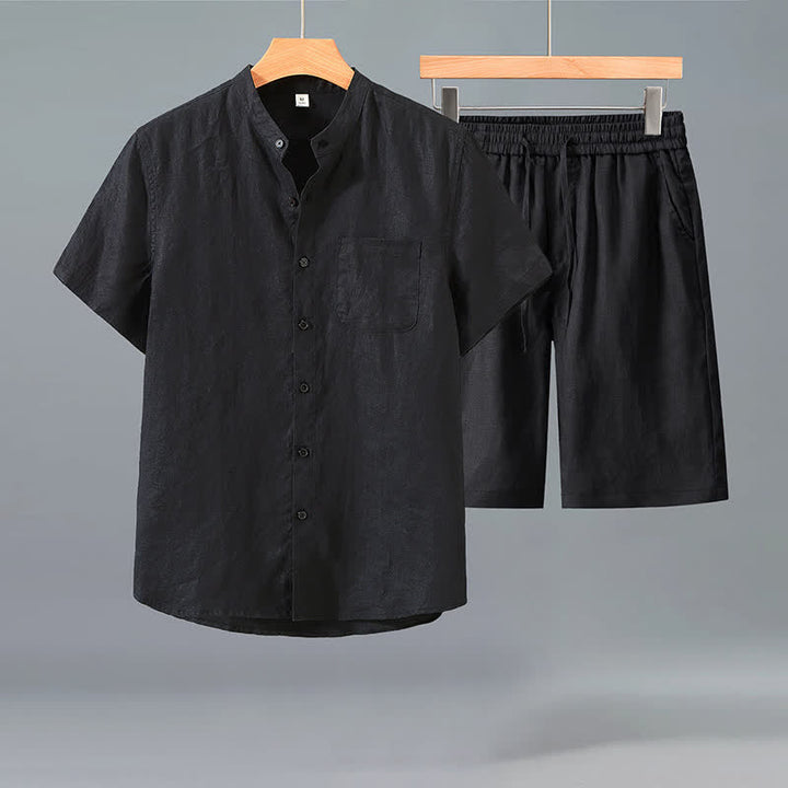 Buddha Stones Ensemble 2 pièces décontracté d'été, chemise à manches courtes boutonnée style Tang, short en lin uni, vêtement de méditation pour homme avec poche - Chemise noire + pantalon noir - US/UK/AU42，EU52 (3XL) - image 4