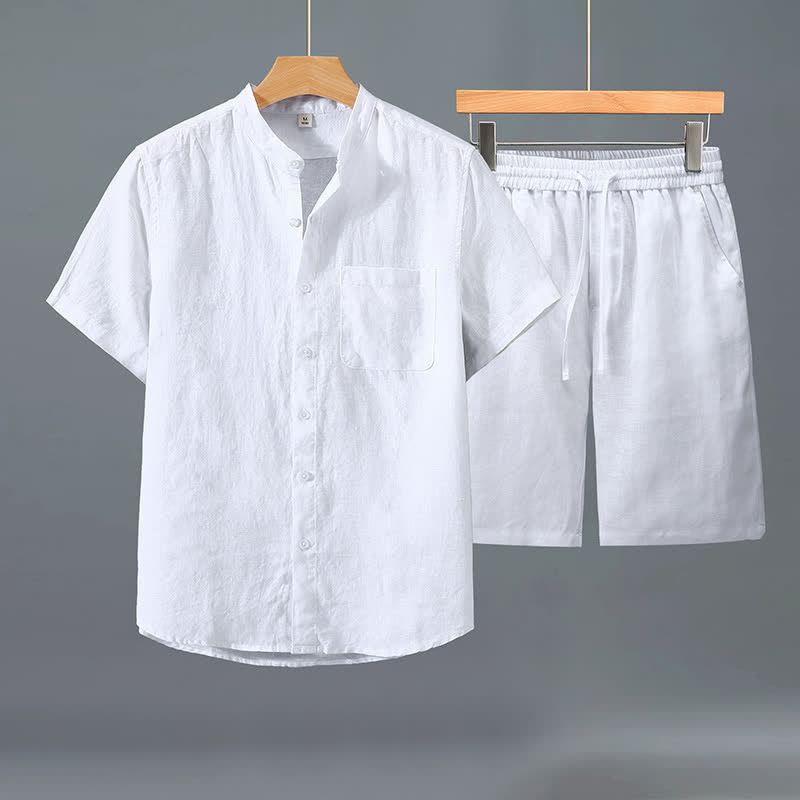 Buddha Stones Ensemble 2 pièces décontracté d'été, chemise à manches courtes boutonnée style Tang, short en lin uni, vêtement de méditation pour homme avec poche - Chemise blanche + pantalon blanc - US/UK/AU42，EU52 (3XL) - image 7