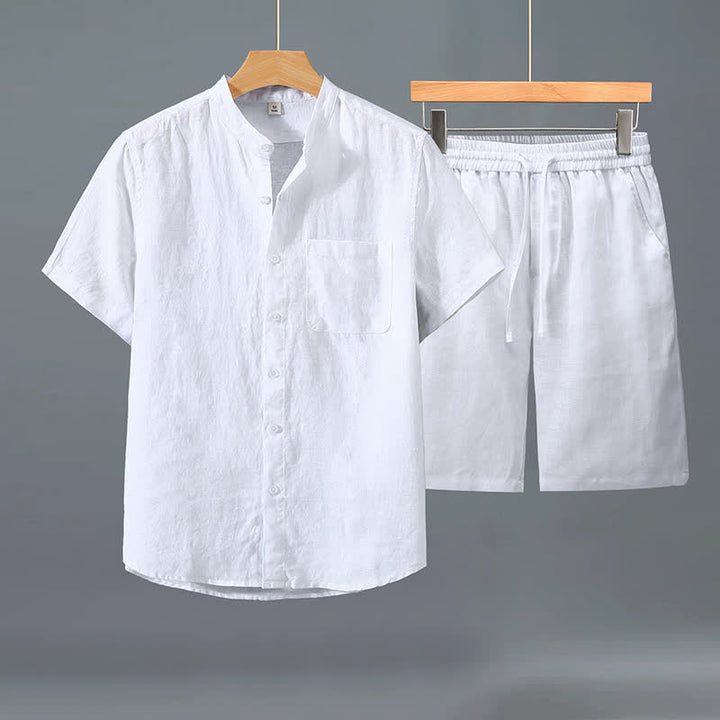 Buddha Stones Ensemble 2 pièces décontracté d'été, chemise à manches courtes boutonnée style Tang, short en lin uni, vêtement de méditation pour homme avec poche - Chemise blanche + pantalon blanc - US/UK/AU42，EU52 (3XL) - image 7