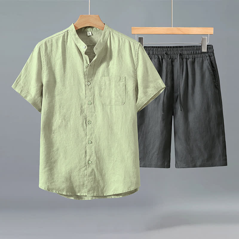 Buddha Stones Ensemble 2 pièces décontracté d'été, chemise à manches courtes boutonnée style Tang, short en lin uni, vêtement de méditation pour homme avec poche - Chemise verte + pantalon gris - US/UK/AU42，EU52 (3XL) - image 5