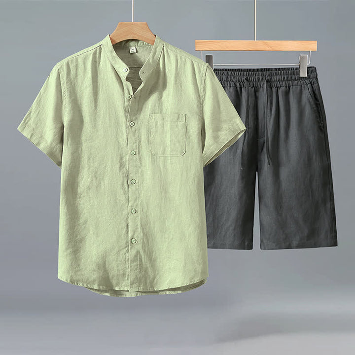 Buddha Stones Ensemble 2 pièces décontracté d'été, chemise à manches courtes boutonnée style Tang, short en lin uni, vêtement de méditation pour homme avec poche - Chemise verte + pantalon gris - US/UK/AU42，EU52 (3XL) - image 5