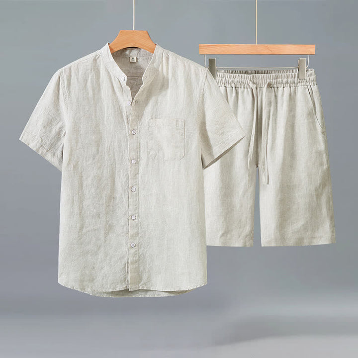 Buddha Stones Ensemble 2 pièces décontracté d'été, chemise à manches courtes boutonnée style Tang, short en lin uni, vêtement de méditation pour homme avec poche - Chemise beige + pantalon beige - US/UK/AU42，EU52 (3XL) - image 0
