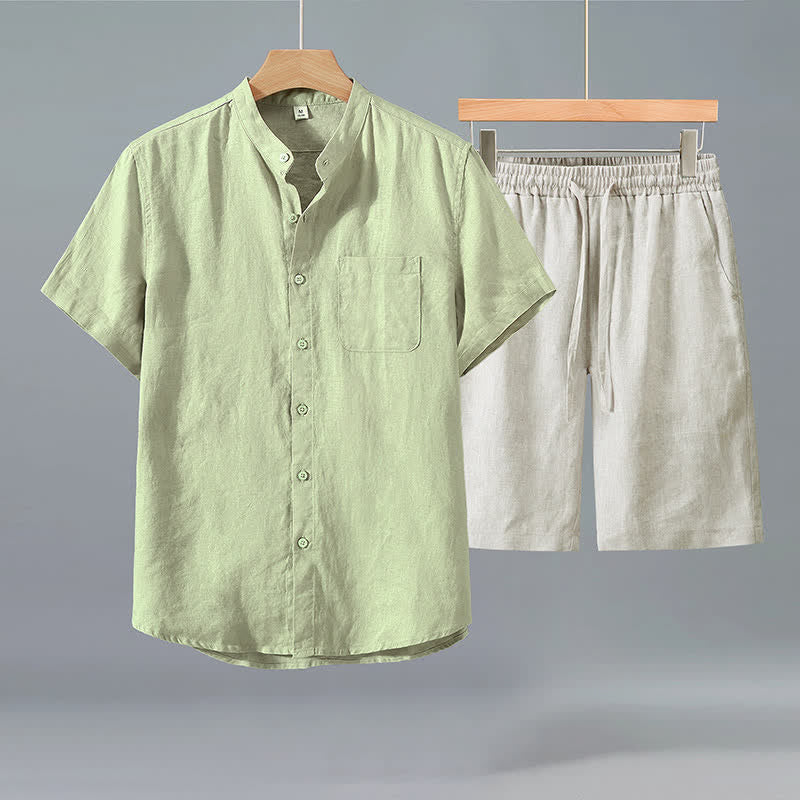 Buddha Stones Ensemble 2 pièces décontracté d'été, chemise à manches courtes boutonnée style Tang, short en lin uni, vêtement de méditation pour homme avec poche - Chemise verte + pantalon beige - US/UK/AU42，EU52 (3XL) - image 6