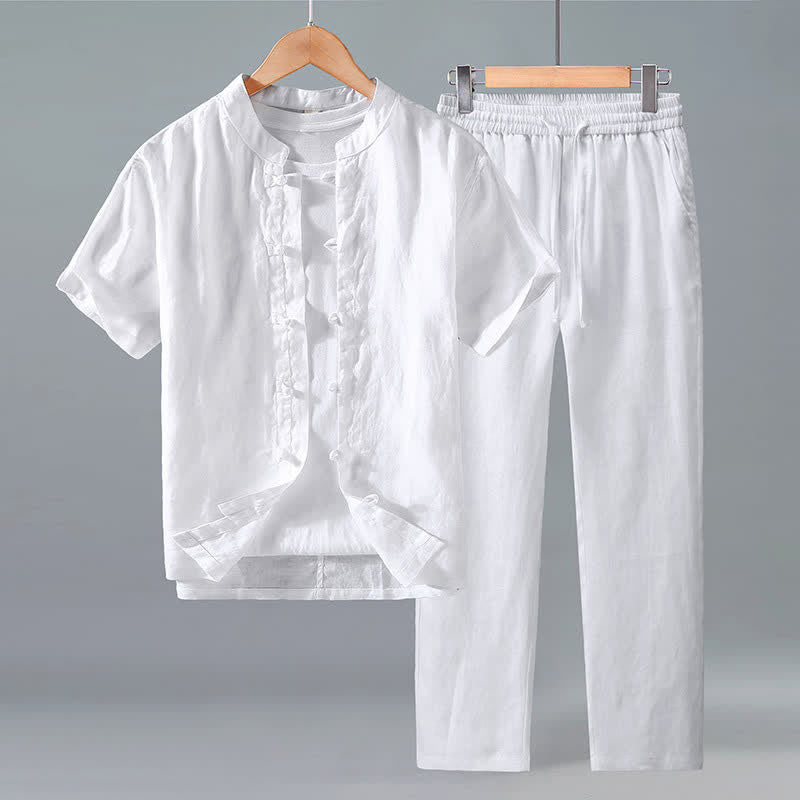 Buddha Stones Ensemble 2 pièces style Tang, chemise à manches courtes et pantalon en lin uni, idéal pour la méditation. - Blanc - US/UK/AU42，EU52 (3XL) - image 8