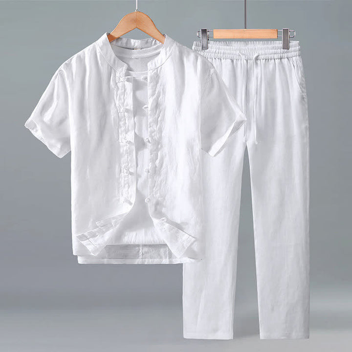 Buddha Stones Ensemble 2 pièces style Tang, chemise à manches courtes et pantalon en lin uni, idéal pour la méditation. - Blanc - US/UK/AU42，EU52 (3XL) - image 8