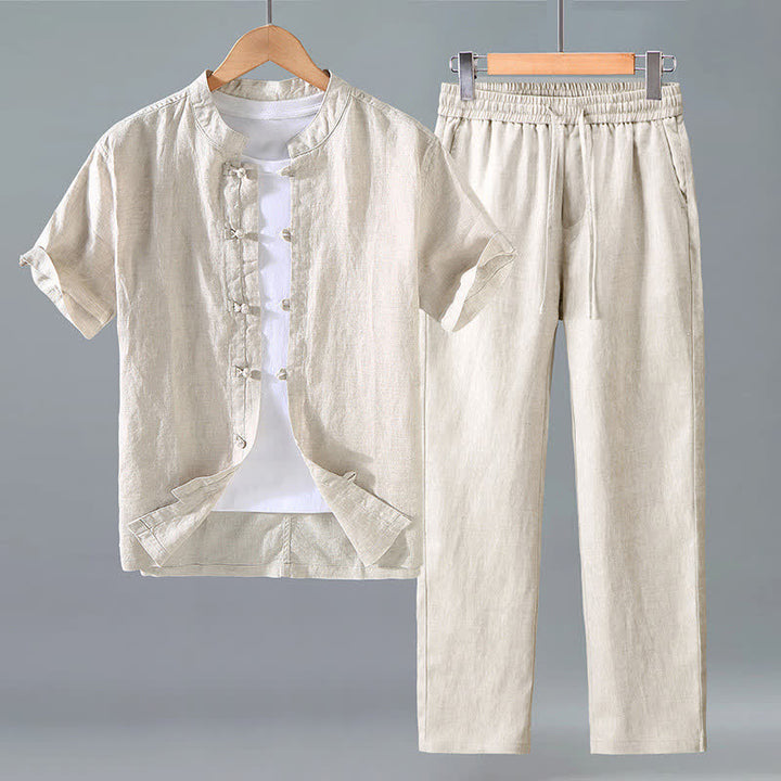 Buddha Stones Ensemble 2 pièces style Tang, chemise à manches courtes et pantalon en lin uni, idéal pour la méditation. - Lin - US/UK/AU42，EU52 (3XL) - image 0