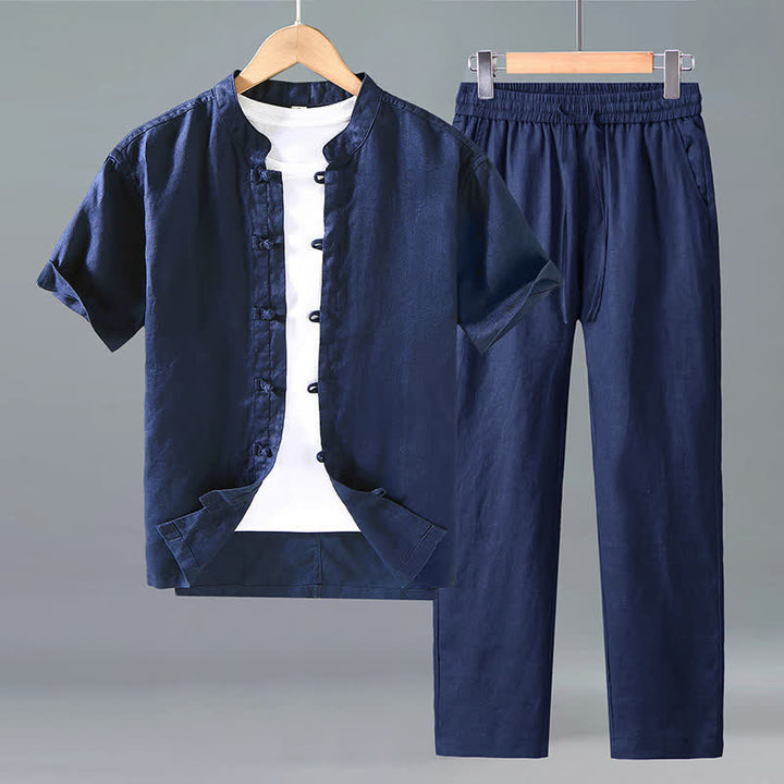 Buddha Stones Ensemble 2 pièces style Tang, chemise à manches courtes et pantalon en lin uni, idéal pour la méditation. - Bleu nuit - US/UK/AU42，EU52 (3XL) - image 7