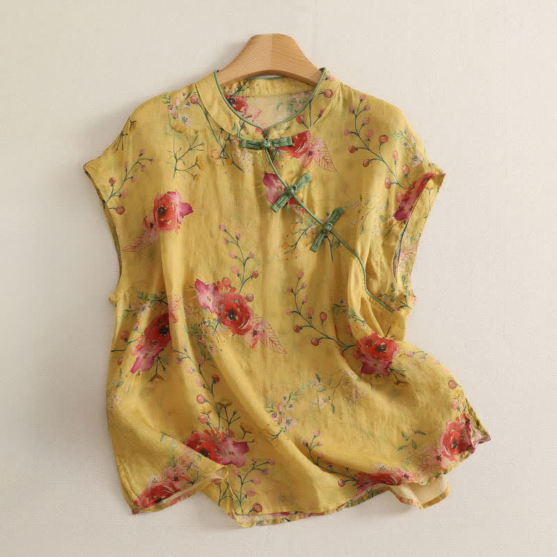 Buddha Stones Débardeur rouge à fleurs style Tang style été vintage - Kaki - US12, UK/AU16, EU44 (2XL) - image 0