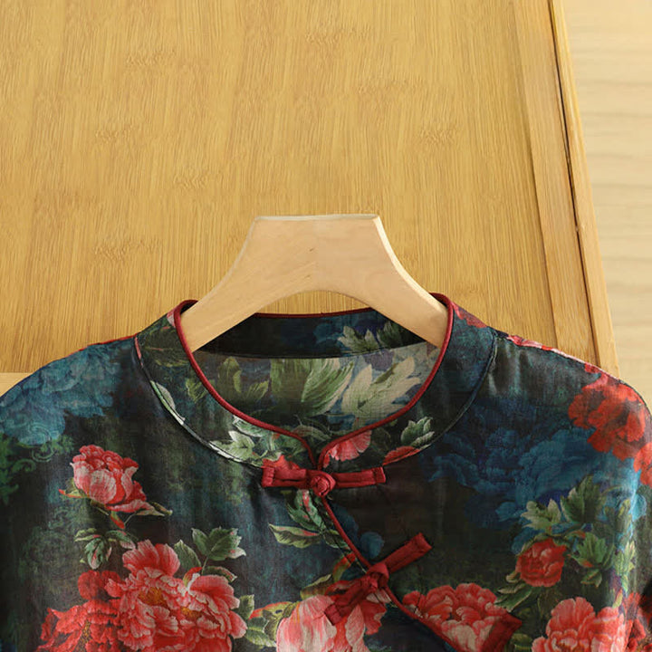 Buddha Stones Débardeur d'été élégant à col mandarin et motif pivoine pour femme - image 3