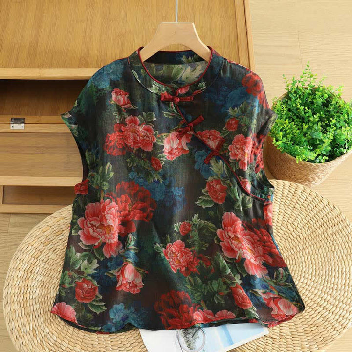 Buddha Stones Débardeur d'été élégant à col mandarin et motif pivoine pour femme - Noir - US12, UK/AU16, EU44 (2XL) - image 0