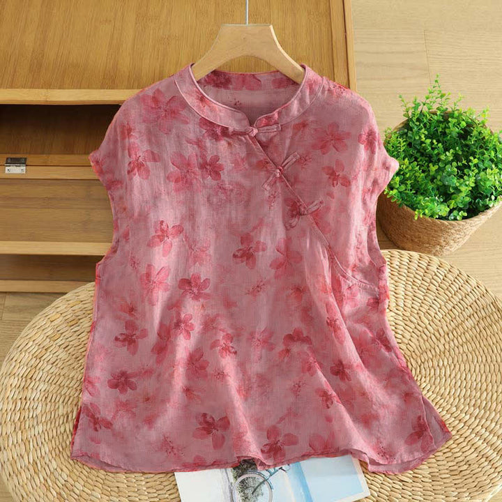 Buddha Stones Débardeur rose à fleurs style Tang, col mandarin, style décontracté, pour femme - Rouge violet pâle - US12, UK/AU16, EU44 (2XL) - image 0