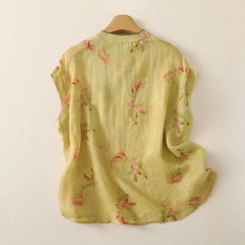 Buddha Stones Débardeur d'été style Tang vintage à col mandarin et fleurs roses, chemise sans manches pour femme - image 1