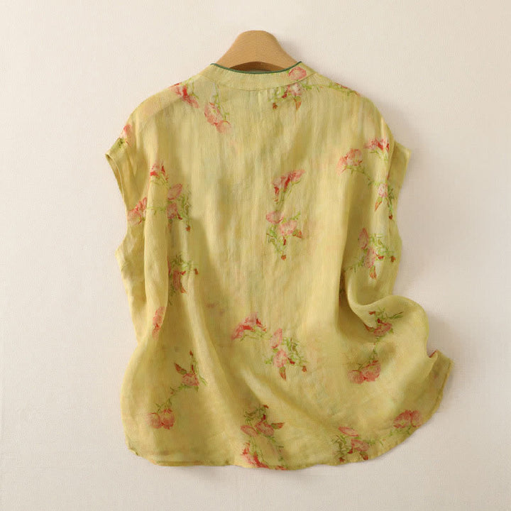 Buddha Stones Débardeur d'été style Tang vintage à col mandarin et fleurs roses, chemise sans manches pour femme - image 1