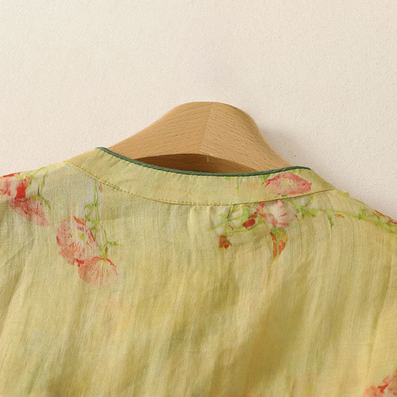 Buddha Stones Débardeur d'été style Tang vintage à col mandarin et fleurs roses, chemise sans manches pour femme - image 3