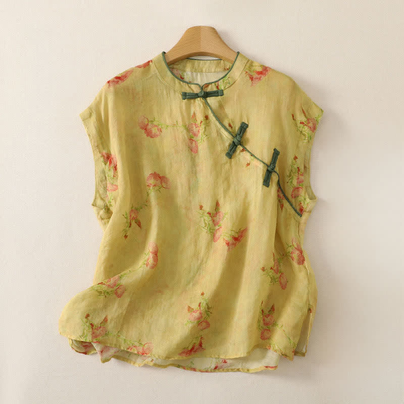 Buddha Stones Débardeur d'été style Tang vintage à col mandarin et fleurs roses, chemise sans manches pour femme - Jaune d'or pâle - US4, UK/AU8, EU36 (M) - image 0