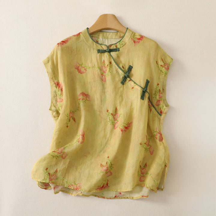 Buddha Stones Débardeur d'été style Tang vintage à col mandarin et fleurs roses, chemise sans manches pour femme - Jaune d'or pâle - US4, UK/AU8, EU36 (M) - image 0