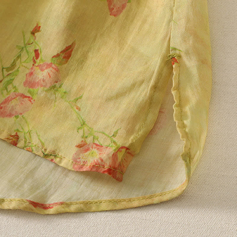 Buddha Stones Débardeur d'été style Tang vintage à col mandarin et fleurs roses, chemise sans manches pour femme - image 7