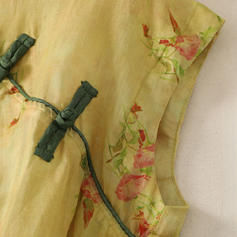 Buddha Stones Débardeur d'été style Tang vintage à col mandarin et fleurs roses, chemise sans manches pour femme - image 5