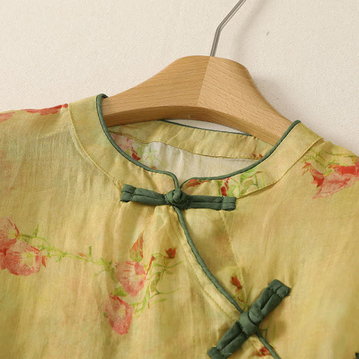 Buddha Stones Débardeur d'été style Tang vintage à col mandarin et fleurs roses, chemise sans manches pour femme - image 2