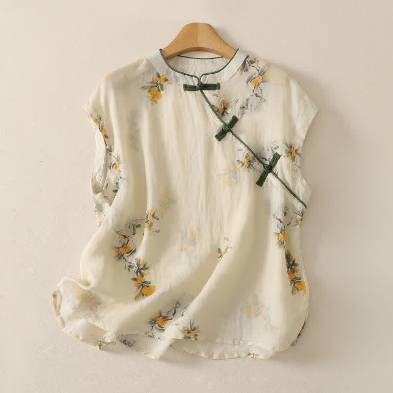 Buddha Stones Débardeur sans manches jaune à motif floral loquat, style Tang vintage, col mandarin, style été. - Beige - Sans manches - US12，UK/AU16，EU44 (2XL) - image 0