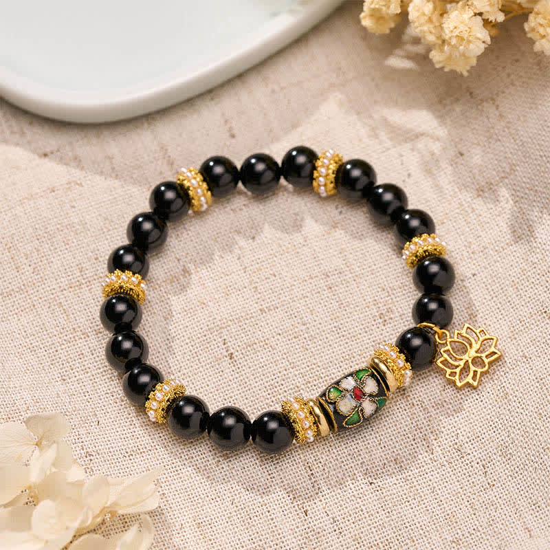 Buddha Stones Bracelet de protection à perles rondes avec pendentif lotus en obsidienne noire émail cloisonné et émail - Obsidienne noire (Tour de poignet : 15–16 cm) - image 0