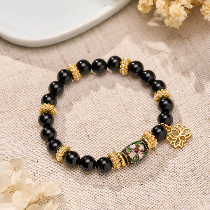 Buddha Stones Bracelet de protection à perles rondes avec pendentif lotus en obsidienne noire émail cloisonné et émail - Obsidienne noire (Tour de poignet : 15–16 cm) - image 0
