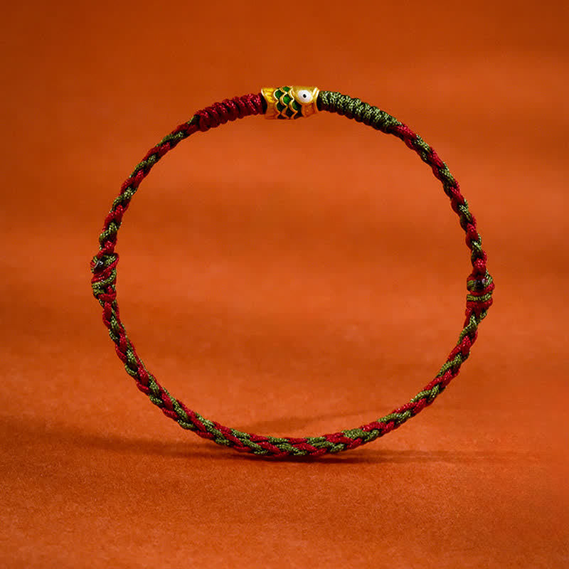 Buddha Stones Bracelet de cheville porte-bonheur en or 999 tressé, cordon rouge et vert coloré, motif carpe koï - image 1