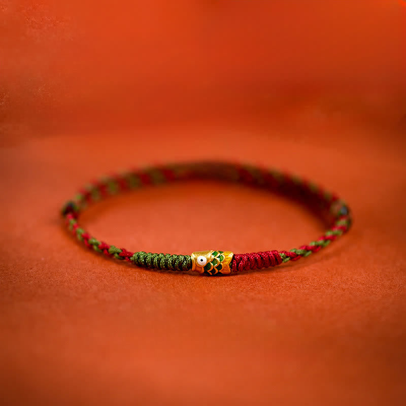 Buddha Stones Bracelet de cheville porte-bonheur en or 999 tressé, cordon rouge et vert coloré, motif carpe koï - Poisson koi vert - Bracelet de cheville (Circonférence : 7,48-10,63 po / 19-27 cm) - image 0