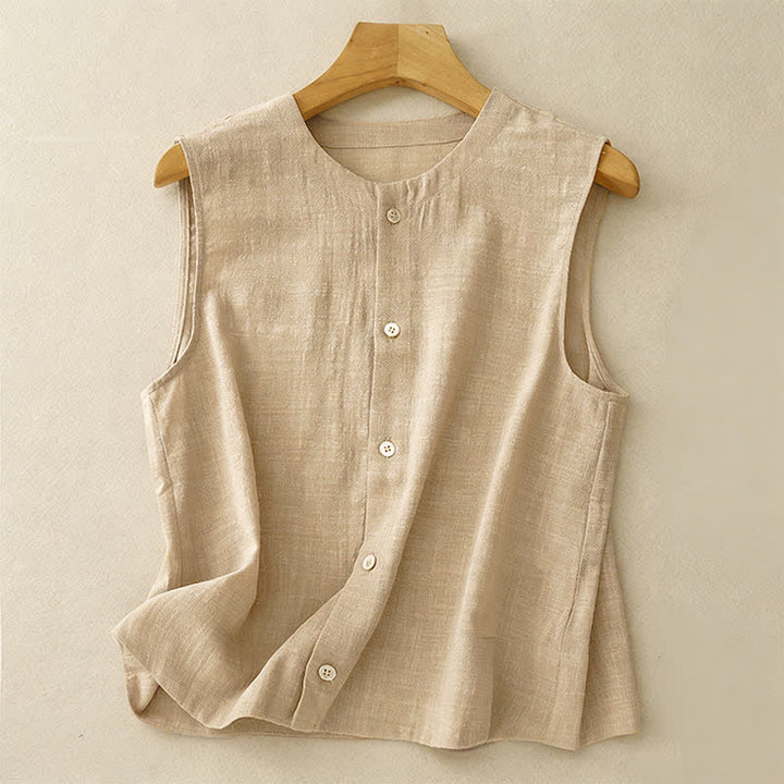 Buddha Stones Débardeur uni à boutons, style minimaliste et décontracté, pour femme. Chemise sans manches. - Tanné - US8-10, UK/AU12-14, EU40-42 (2XL) - image 0