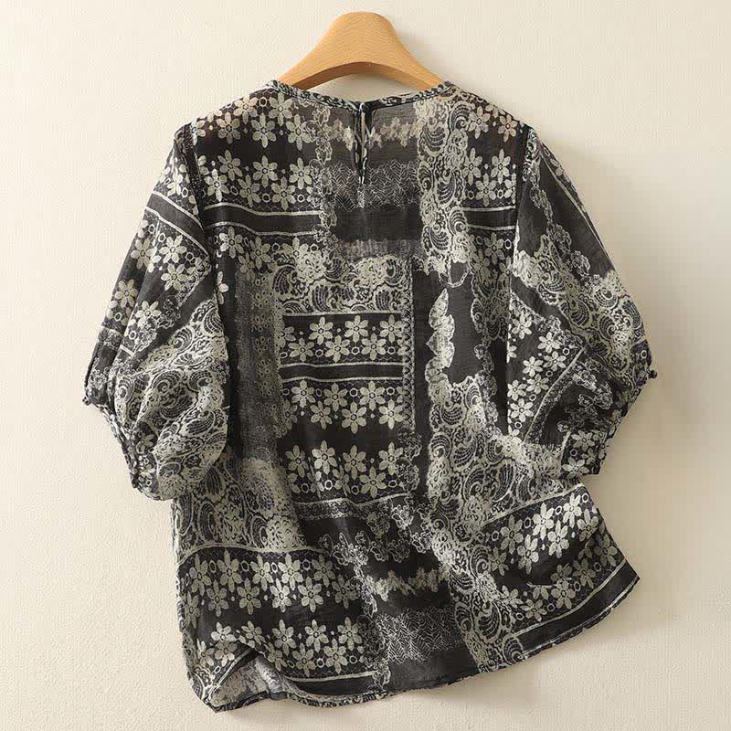 Buddha Stones Chemises à manches courtes pour femmes, style vintage décontracté d'été, à patchwork floral noir - image 1