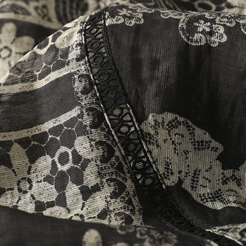 Buddha Stones Chemises à manches courtes pour femmes, style vintage décontracté d'été, à patchwork floral noir - image 7