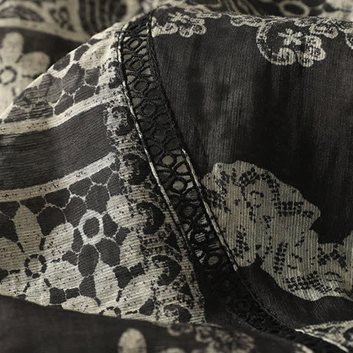 Buddha Stones Chemises à manches courtes pour femmes, style vintage décontracté d'été, à patchwork floral noir - image 7