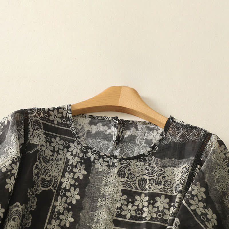 Buddha Stones Chemises à manches courtes pour femmes, style vintage décontracté d'été, à patchwork floral noir - image 2