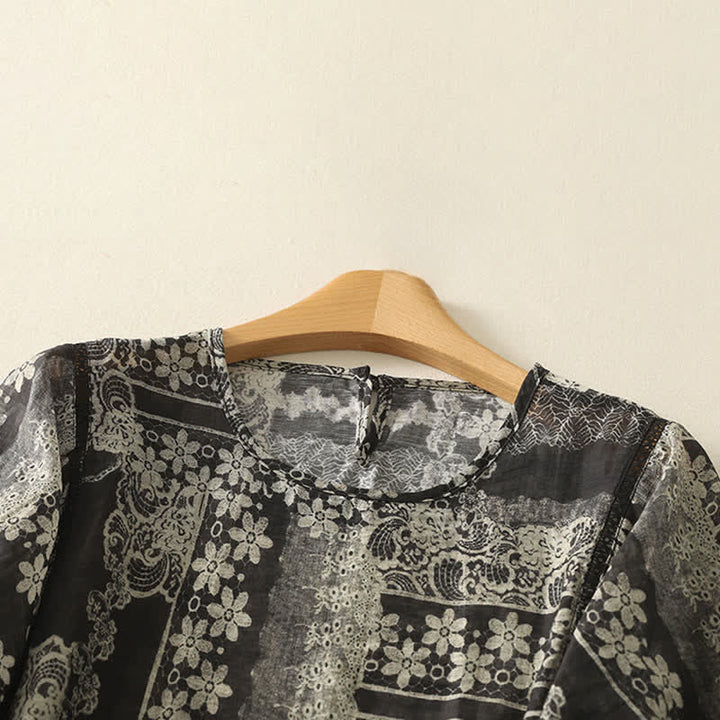 Buddha Stones Chemises à manches courtes pour femmes, style vintage décontracté d'été, à patchwork floral noir - image 2