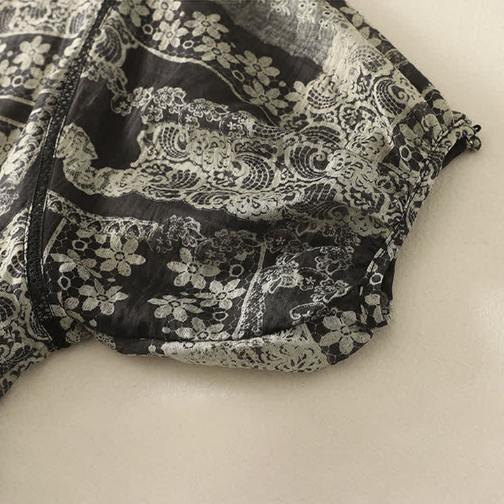 Buddha Stones Chemises à manches courtes pour femmes, style vintage décontracté d'été, à patchwork floral noir - image 4