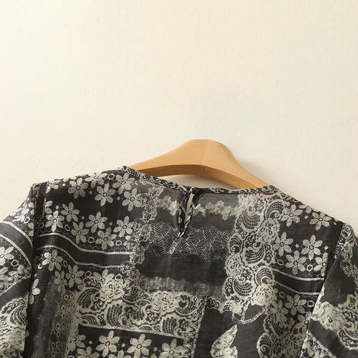 Buddha Stones Chemises à manches courtes pour femmes, style vintage décontracté d'été, à patchwork floral noir - image 3