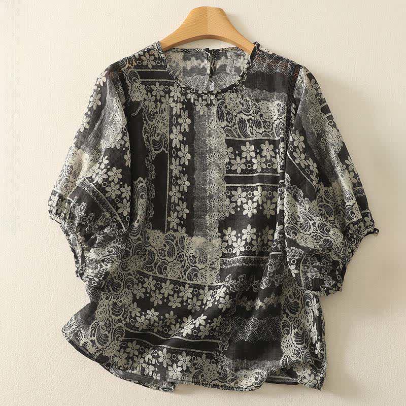 Buddha Stones Chemises à manches courtes pour femmes, style vintage décontracté d'été, à patchwork floral noir - Noir - US8-10, UK/AU12-14, EU40-42 (2XL) - image 0