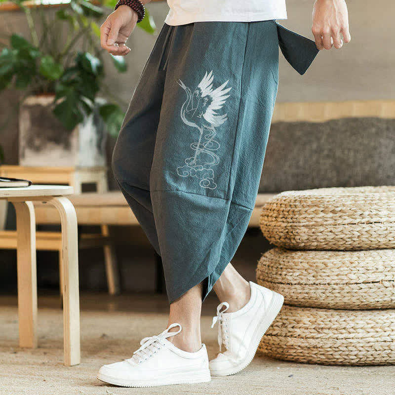Buddha Stones Pantalon Capri d'été décontracté vintage à cordon de serrage et imprimé grues, style harem pour homme avec poches - image 1