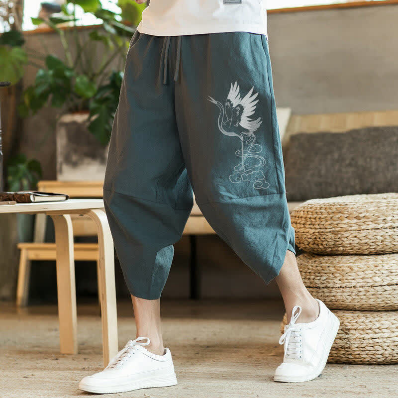 Buddha Stones Pantalon Capri d'été décontracté vintage à cordon de serrage et imprimé grues, style harem pour homme avec poches - CadetBlue - US/UK/AU46, EU56 (5XL) - image 0