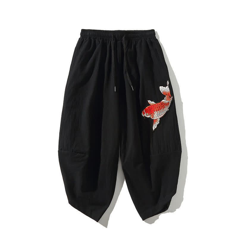 Buddha Stones Pantalon Capri d'été Tang Style à cordon de serrage et motif carpe koï, style sarouel, avec poches - Noir - US/UK/AU46, EU56 (5XL) - image 12