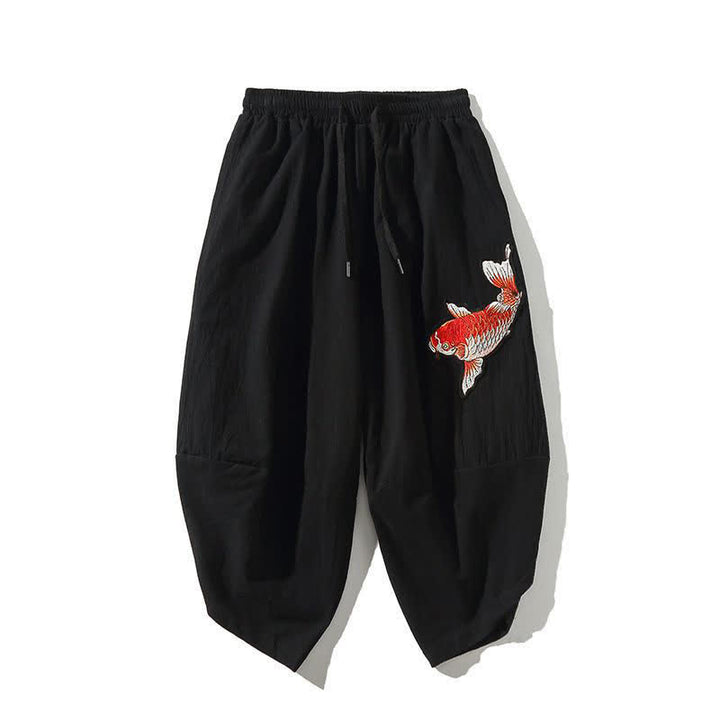 Buddha Stones Pantalon Capri d'été Tang Style à cordon de serrage et motif carpe koï, style sarouel, avec poches - Noir - US/UK/AU46, EU56 (5XL) - image 12