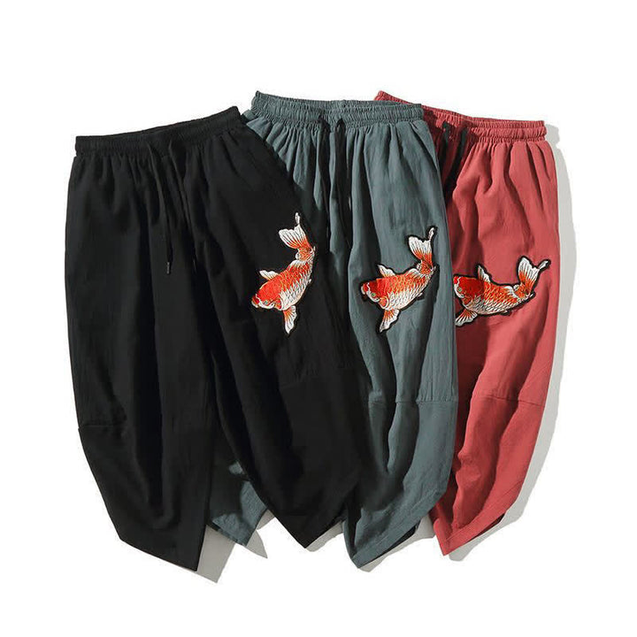 Buddha Stones Pantalon Capri d'été Tang Style à cordon de serrage et motif carpe koï, style sarouel, avec poches - image 16