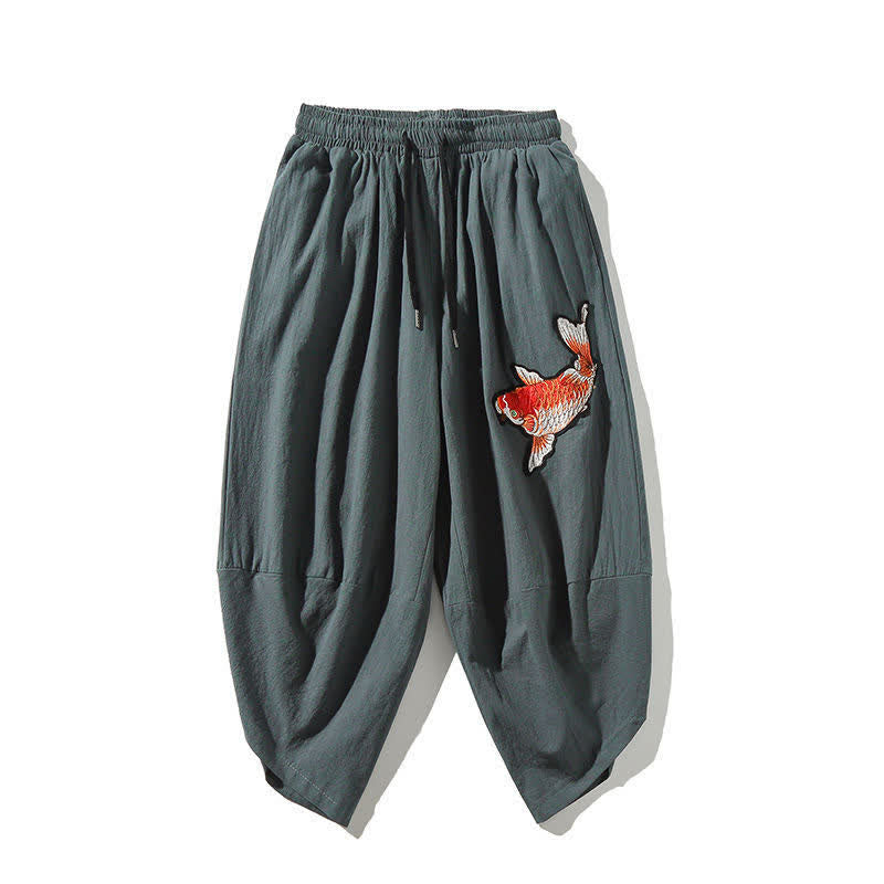 Buddha Stones Pantalon Capri d'été Tang Style à cordon de serrage et motif carpe koï, style sarouel, avec poches - CadetBlue - US/UK/AU46, EU56 (5XL) - image 14