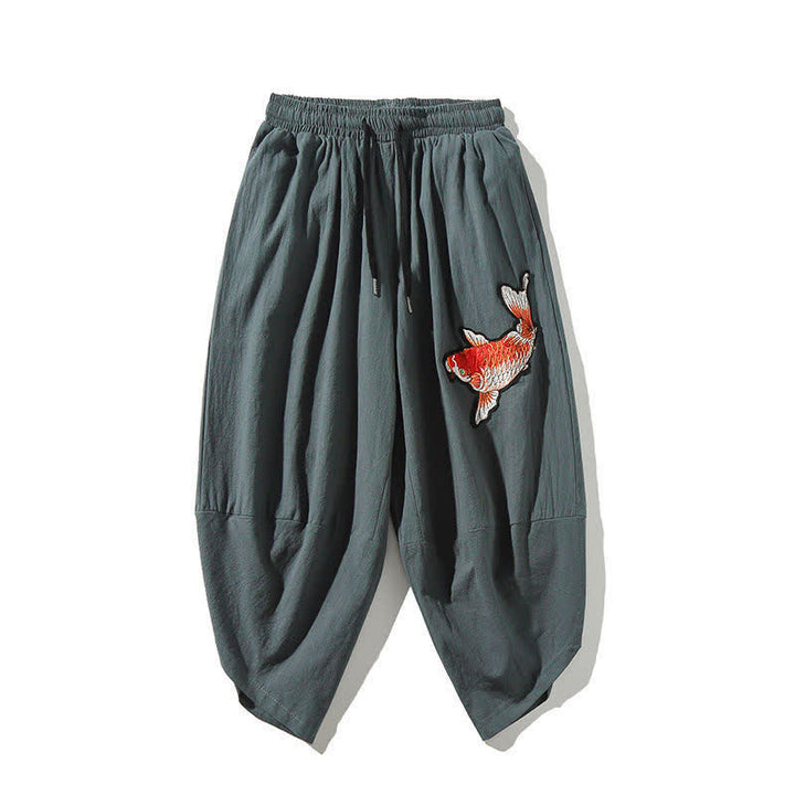 Buddha Stones Pantalon Capri d'été Tang Style à cordon de serrage et motif carpe koï, style sarouel, avec poches - CadetBlue - US/UK/AU46, EU56 (5XL) - image 14