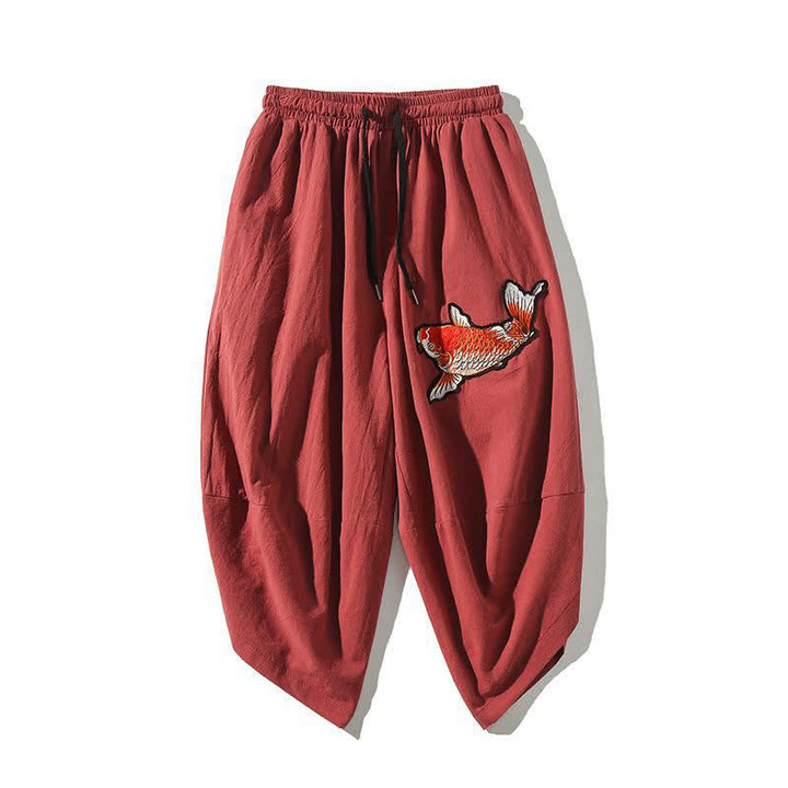 Buddha Stones Pantalon Capri d'été Tang Style à cordon de serrage et motif carpe koï, style sarouel, avec poches - Rouge indien - US/UK/AU46, EU56 (5XL) - image 0